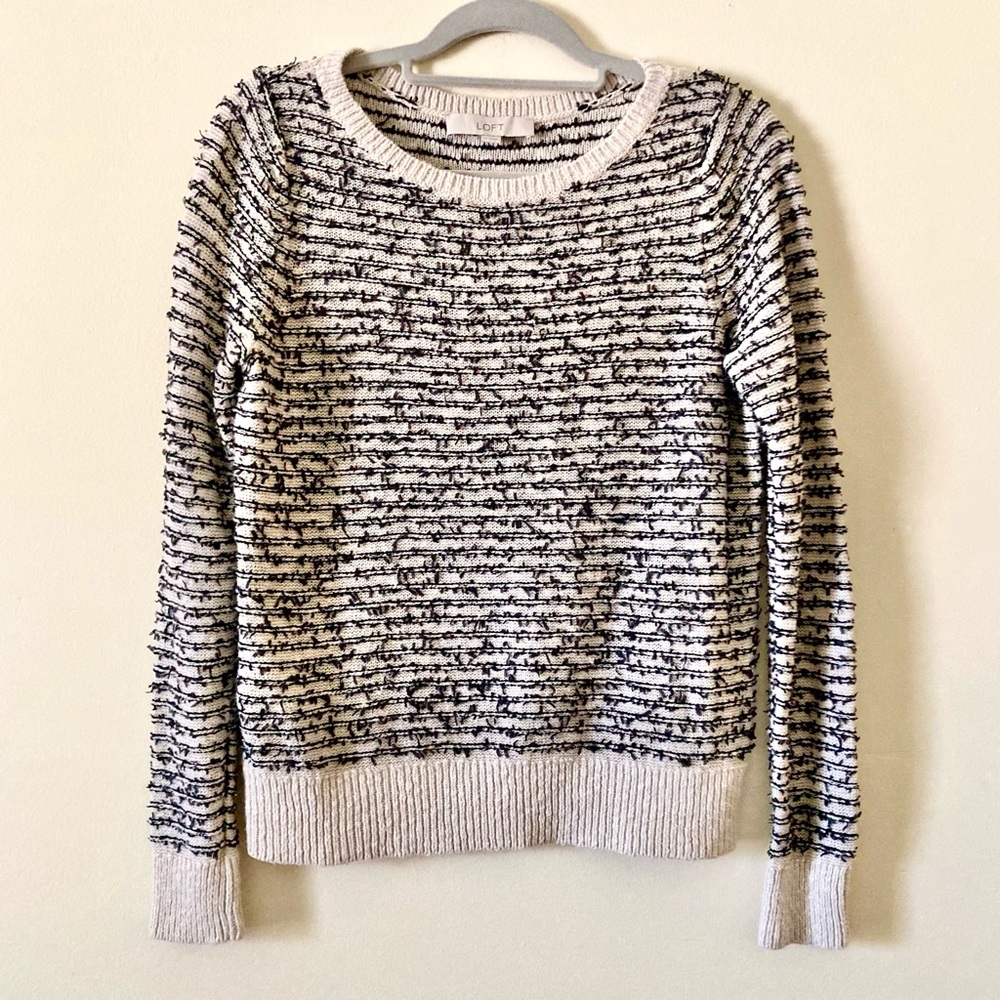 LOFT Textured Crew Neck Sweater Size Med Linen Cotton Cream and Black Striped